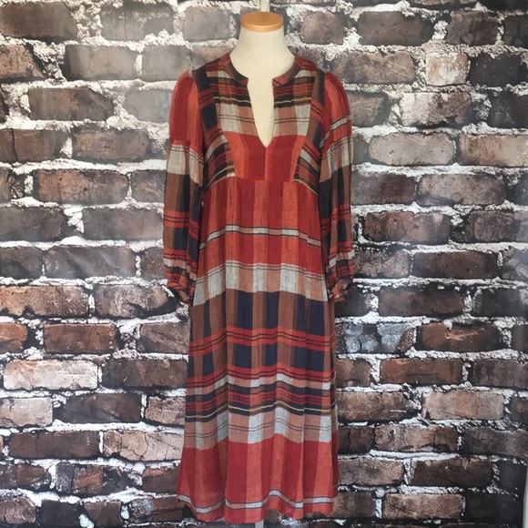 Zara Dresses & Skirts - Zara long sleeve v-neck plaid dress red blue XS